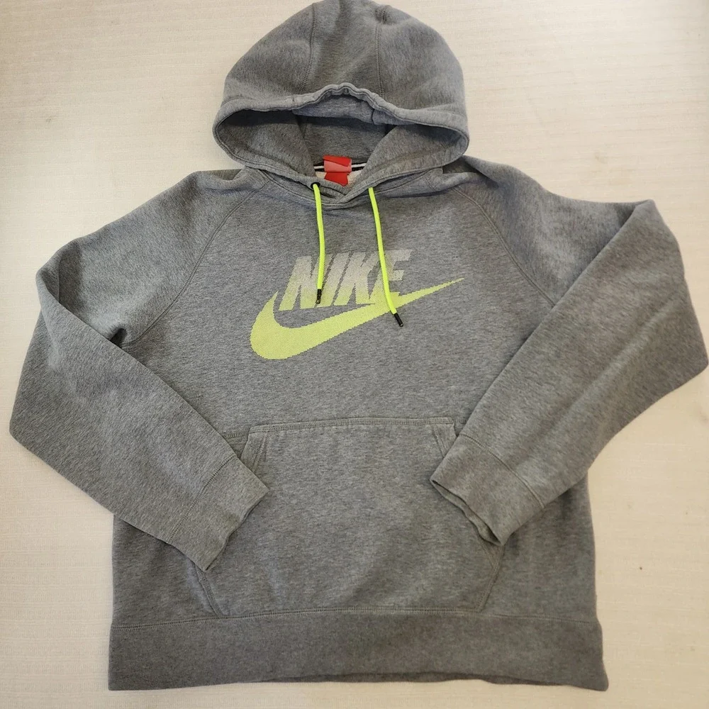 Nike Mens‎ Hoodie Gray Neon Green Logo Pullover Sweatshirt Large RN56323 677